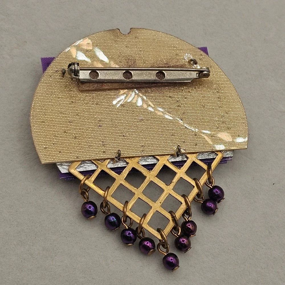Handmade Brooch Pin Cats Stamp Whimsical Musical Purple Gold Tone Art Wear
